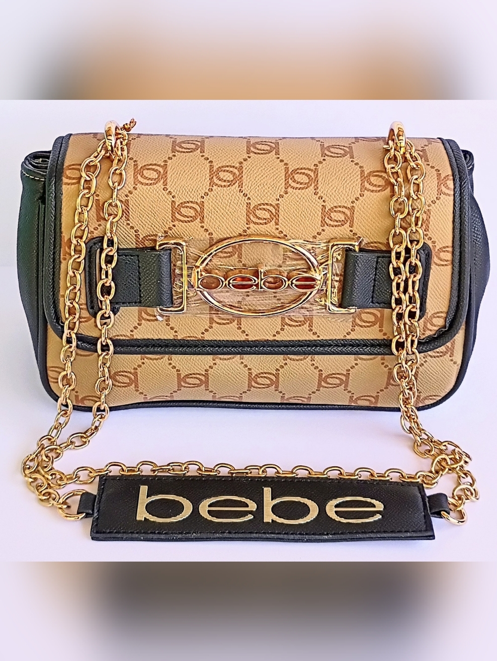 Bebe Leilani Monogram Shoulder Bag Gold Chain NWT Beige Black Crossbody - Picture 2 of 8